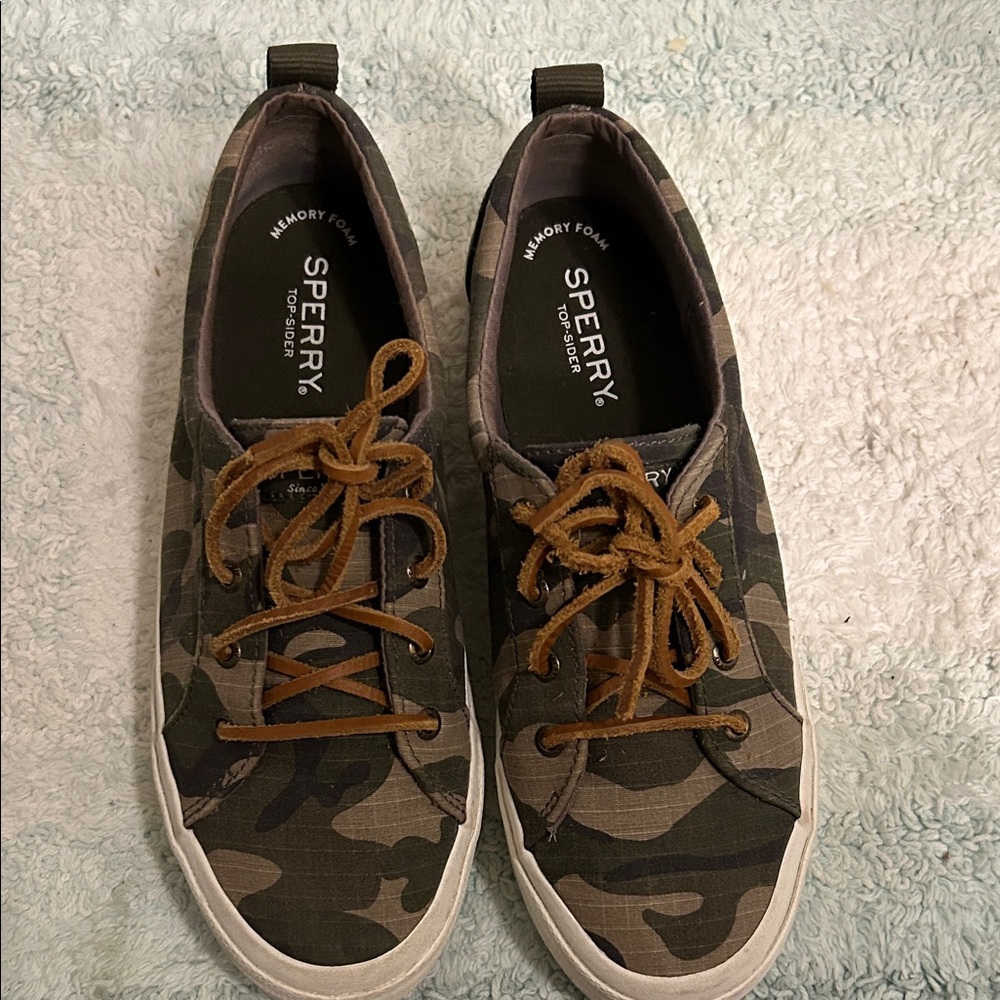 Sperry Camo Sneakers with Tan Laces